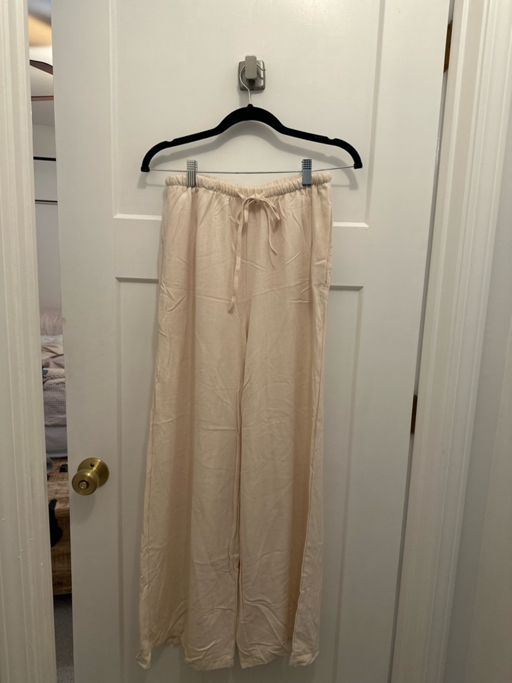 Wide Leg Drawstring Linen Pants - Cream brand new